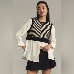 ✨ Anthropologie Long-Sleeve Linen Twofer Sweater Vest Top Sz M